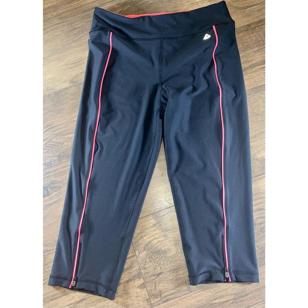 Zuzuzen Active Cropped Black Legging Coral Pink Trim Yoga Running Zippers Size M